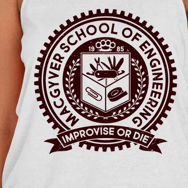 Cool MacGyver School Of Engineering Improvise Or Die EST 1985 Emblem Women's Knotted Racerback Tank