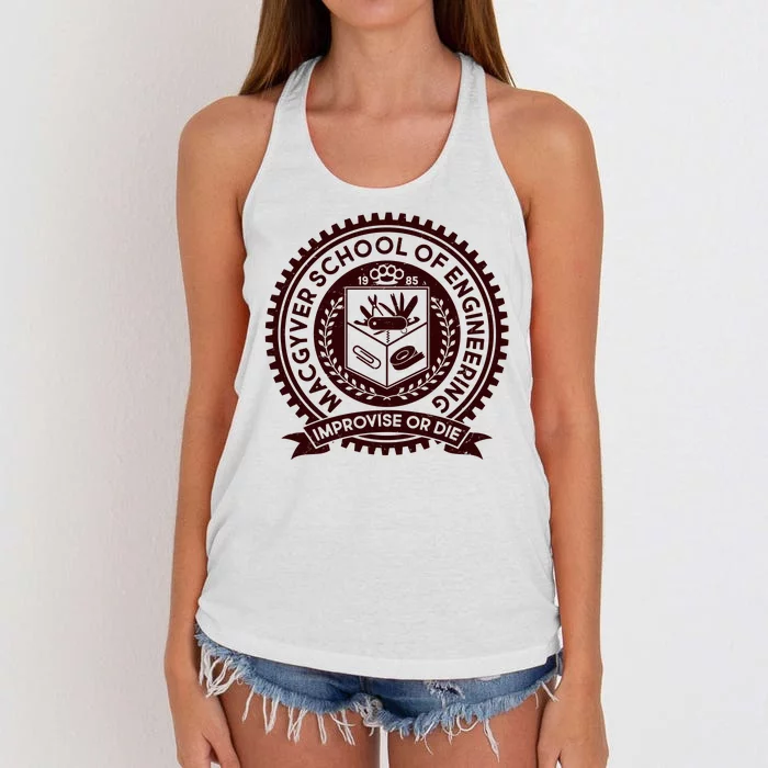 Cool MacGyver School Of Engineering Improvise Or Die EST 1985 Emblem Women's Knotted Racerback Tank