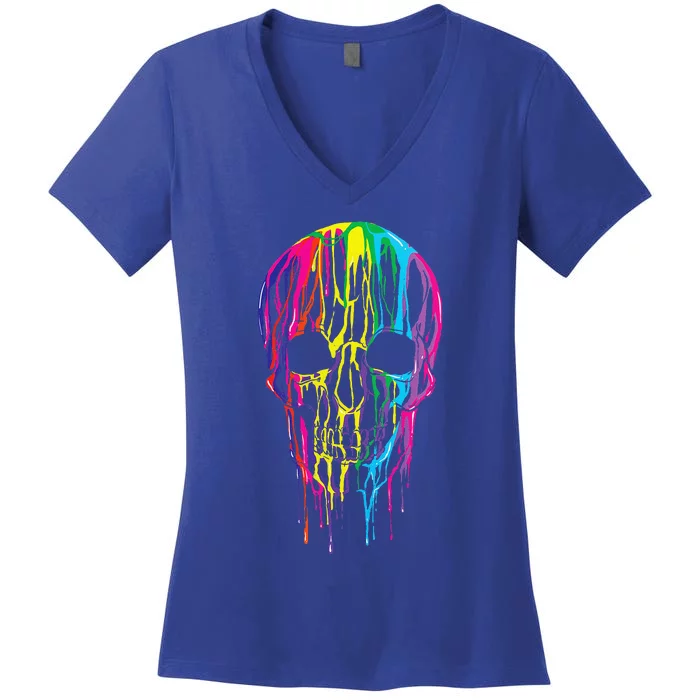 Colorful Melting Skull Halloween Rainbow Graphic Art Women's V-Neck T-Shirt