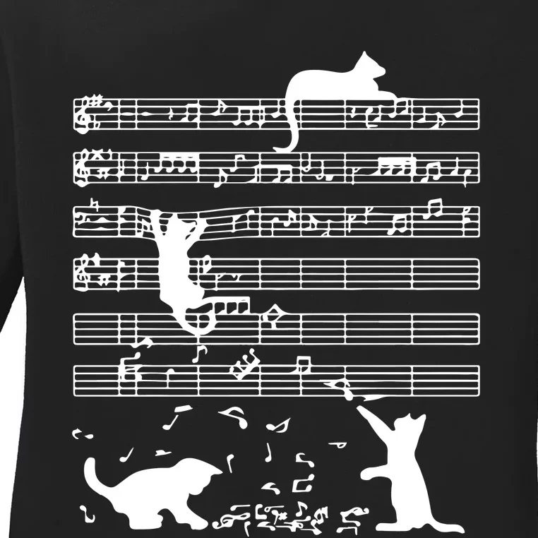 Cat Music Shee Funny Music Notes Cat Mom Ladies Long Sleeve Shirt