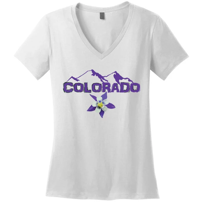 Colorado Mountain Silhouette Columbine State Flower T Women's V-Neck T-Shirt