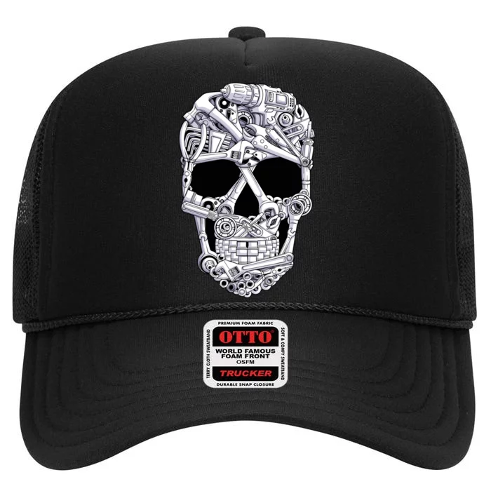 Car Mechanic Tools Skull Garage Halloween Costume Skeleton High Crown Mesh Trucker Hat