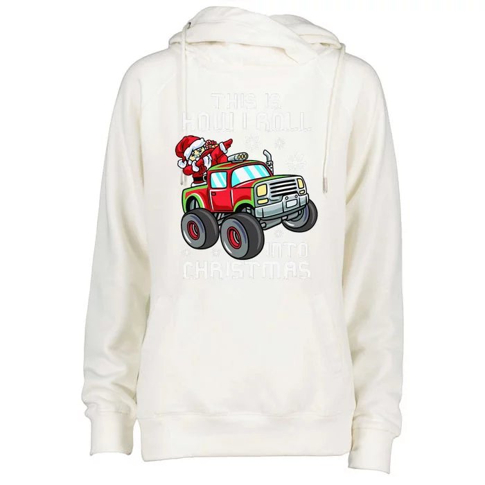 Christmas Monster Truck For Dabbing Santa Truck Womens Funnel Neck Pullover Hood