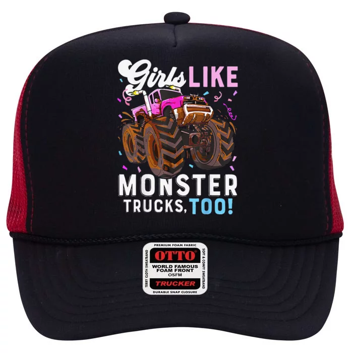 Cute Monster Truck Girl Like Monster Trucks Too High Crown Mesh Trucker Hat