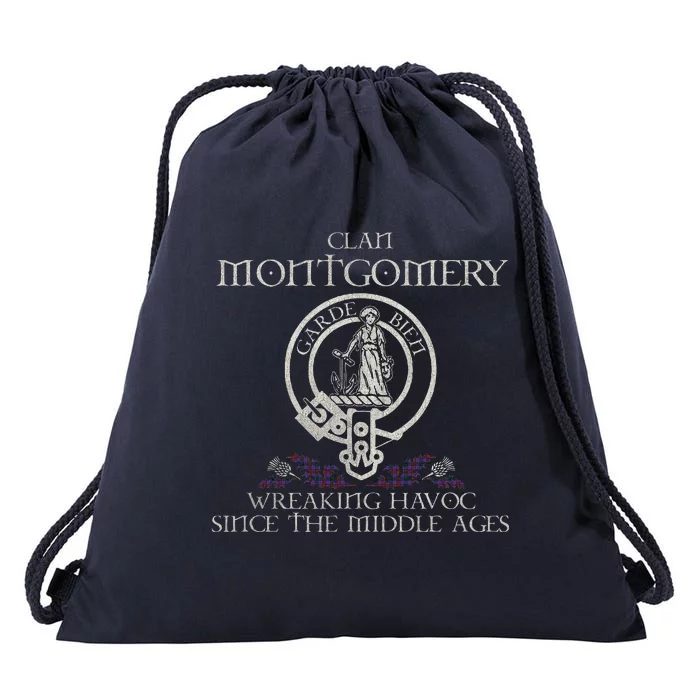 Clan Montgomery Tartan Crest Thistle Vintage Drawstring Bag