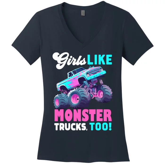 Cute Monster Truck Girl Like Monster Trucks Too Women's V-Neck T-Shirt