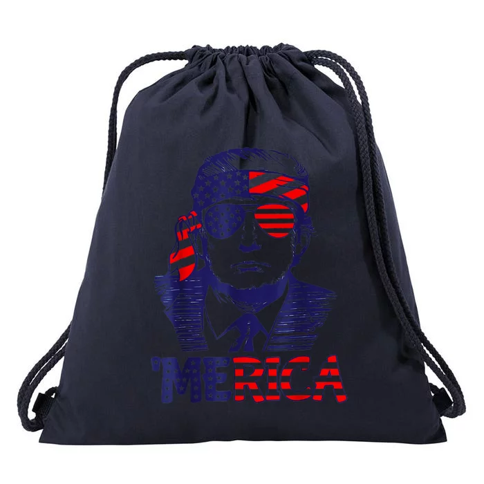 Cool Merica Trump Happy 4th Of July Trump American Flag Gift Drawstring Bag