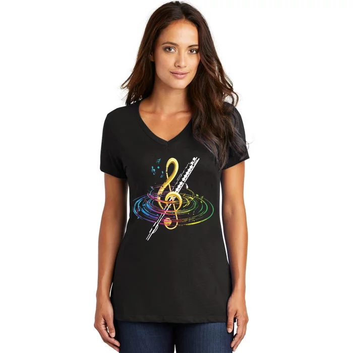 Classical Music Treble Clef Flutist Gift Flute Women's V-Neck T-Shirt