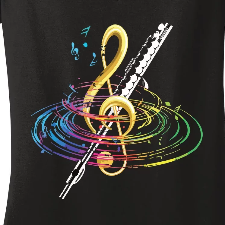 Classical Music Treble Clef Flutist Gift Flute Women's V-Neck T-Shirt