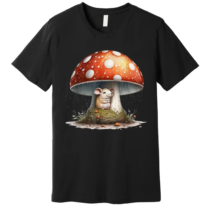 Cute Mouse Under A Mushroom In The Rain Premium T-Shirt