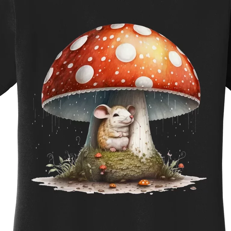 Cute Mouse Under A Mushroom In The Rain Women's T-Shirt