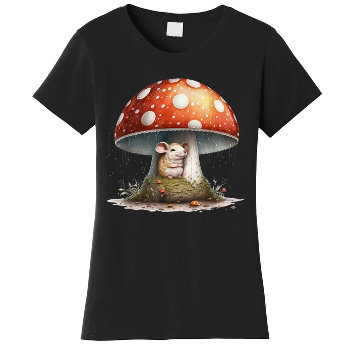 Cute Mouse Under A Mushroom In The Rain Women's T-Shirt