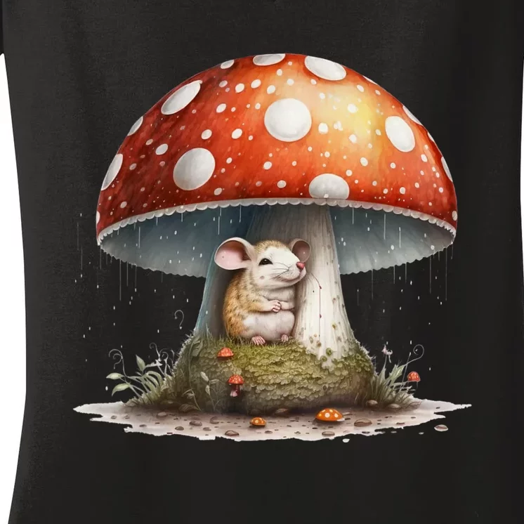 Cute Mouse Under A Mushroom In The Rain Women's V-Neck T-Shirt