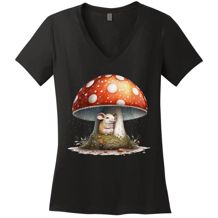 Cute Mouse Under A Mushroom In The Rain Women's V-Neck T-Shirt