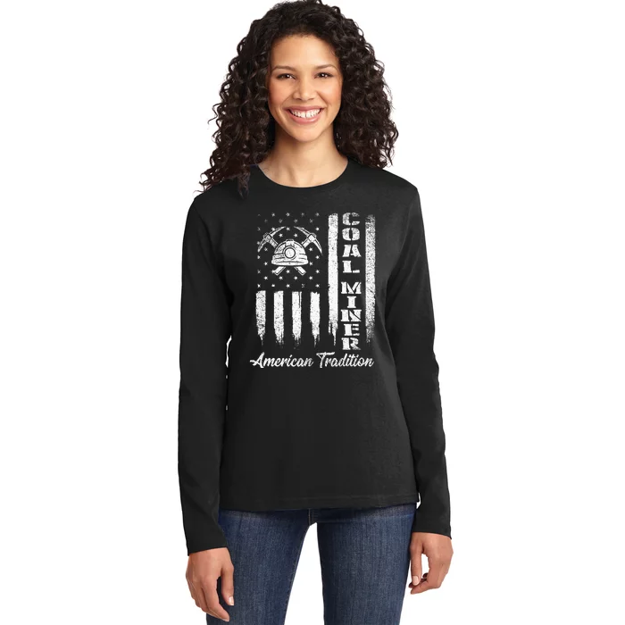 Coal Miner Usa Flag Patriotic Underground Mining Laborer Ladies Long Sleeve Shirt