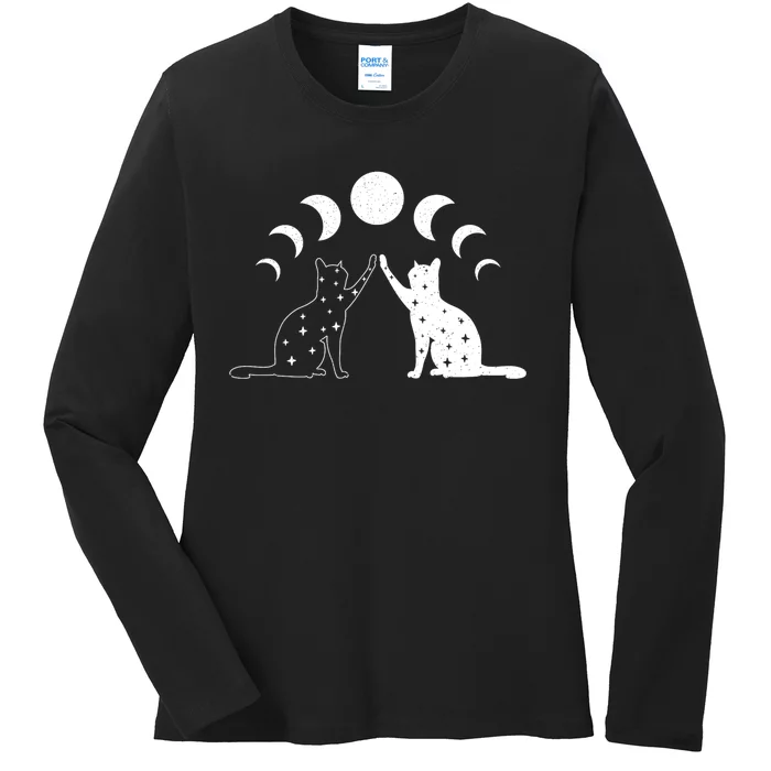 Cat Moon Vintage Witchy Cat Lovers And Celestial Enthusiasts Ladies Long Sleeve Shirt