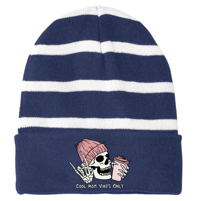 Cool Mom Vibes Only Skeleton Coffee Lover Striped Beanie with Solid Band