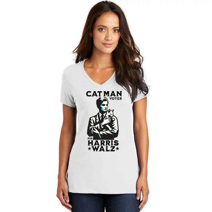 Cat Man Voter For Harris Walz Waltz Women's V-Neck T-Shirt