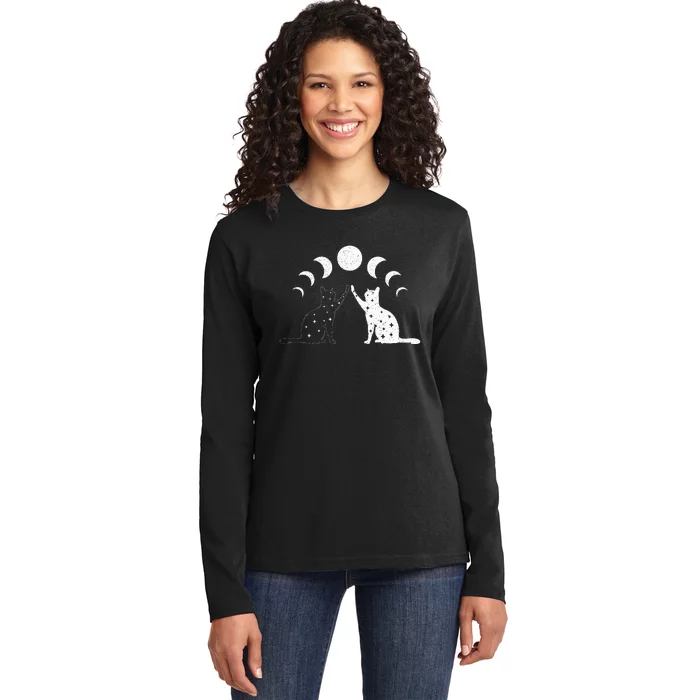 Cat Moon Vintage Witchy Cat Lovers And Celestial Enthusiasts Ladies Long Sleeve Shirt