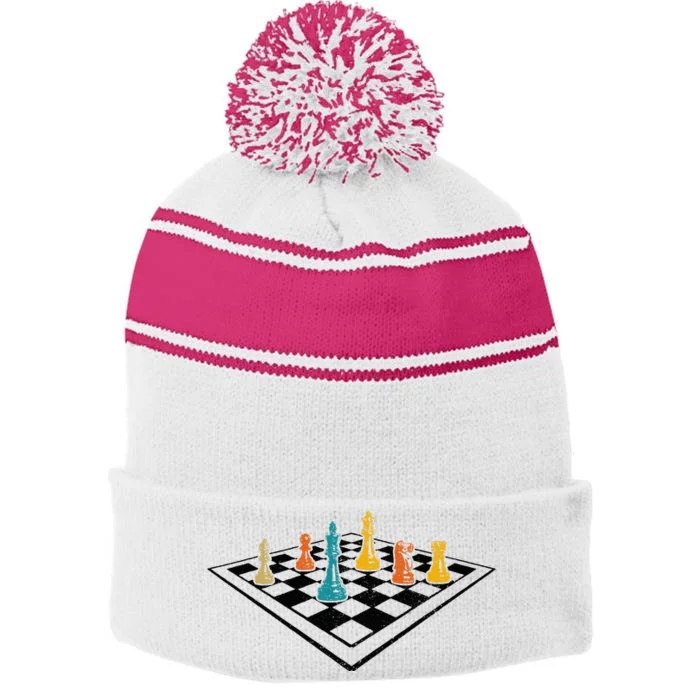 Chess Master Vintage Retro Club Chess Player Stripe Pom Pom Beanie