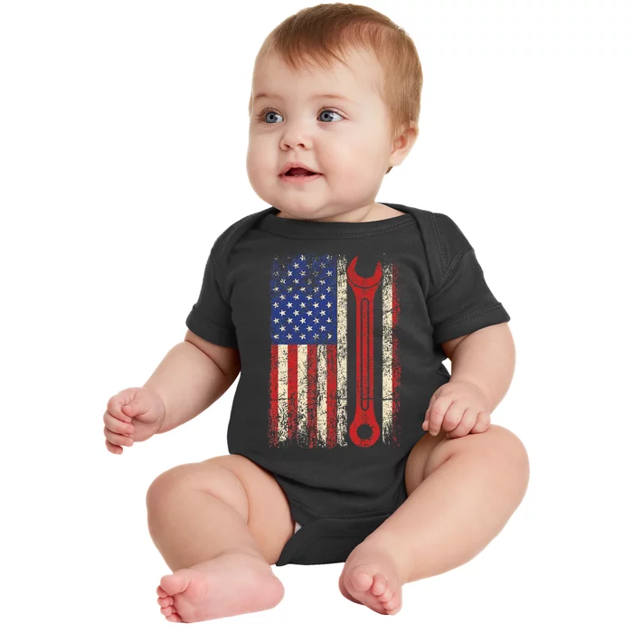 Car Mechanic Wrench Workshop Tools Us American Flag Baby Bodysuit