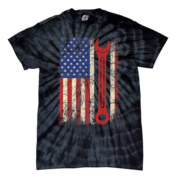 Car Mechanic Wrench Workshop Tools Us American Flag Tie-Dye T-Shirt