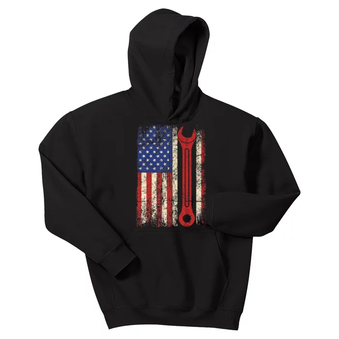 Car Mechanic Wrench Workshop Tools Us American Flag Kids Hoodie