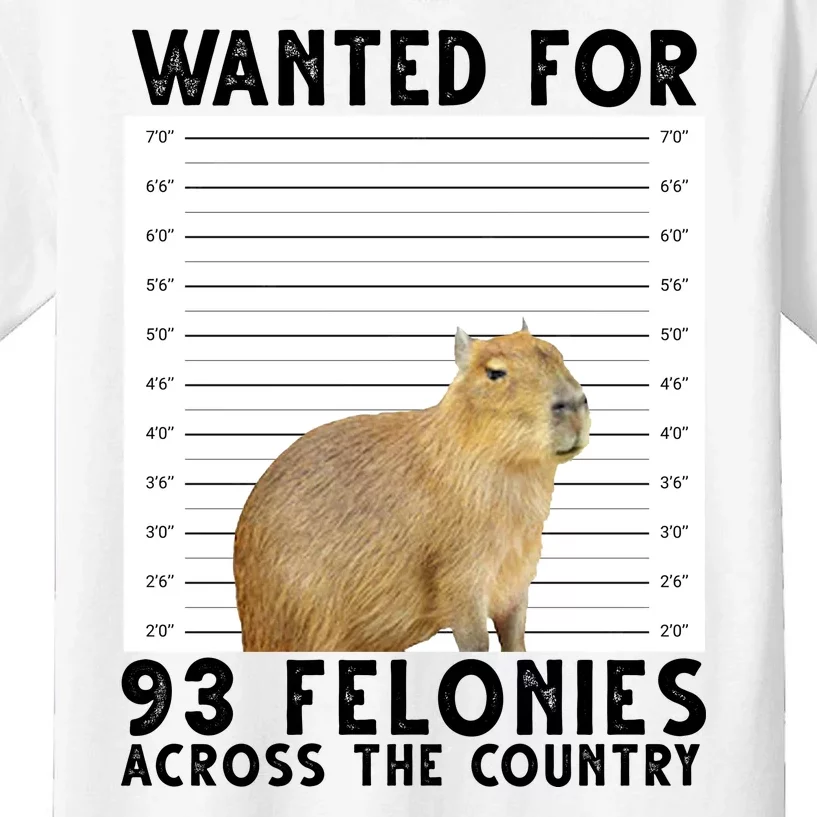 Capybara Mugshot Wanted For 93 Felonies Across The Country Kids T-Shirt