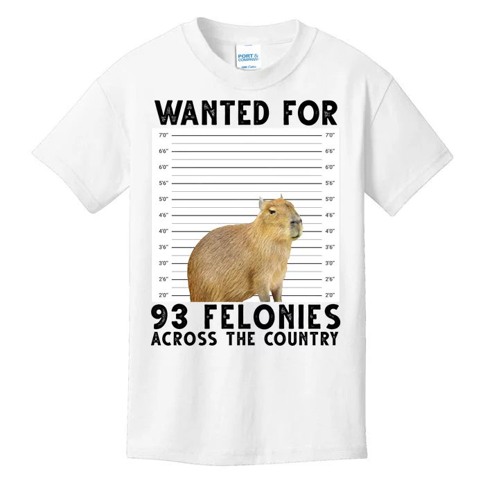 Capybara Mugshot Wanted For 93 Felonies Across The Country Kids T-Shirt