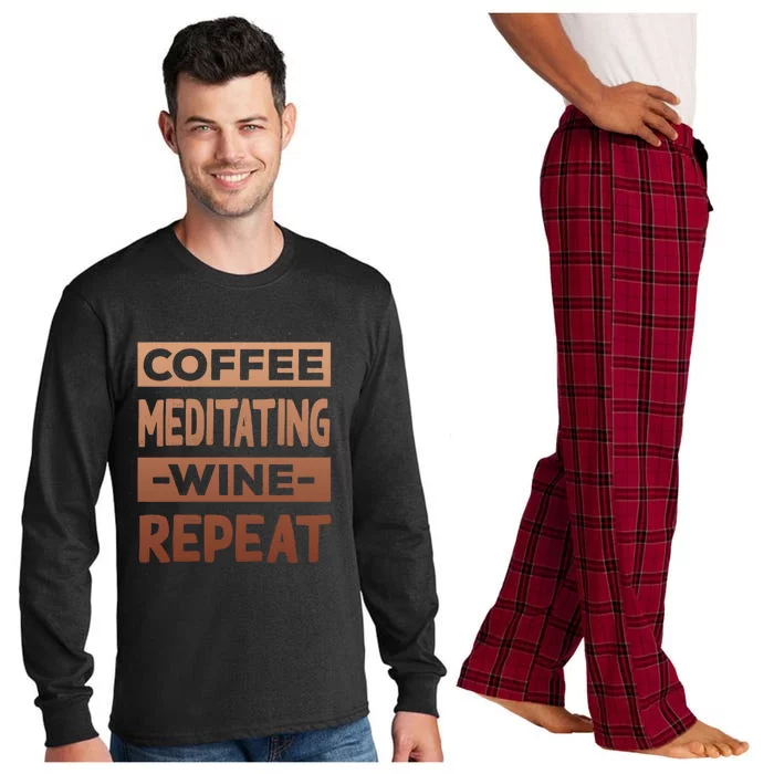 Coffee Meditating Wine Repeat Yoga Coffee Lover Pilates Meaningful Gift Long Sleeve Pajama Set