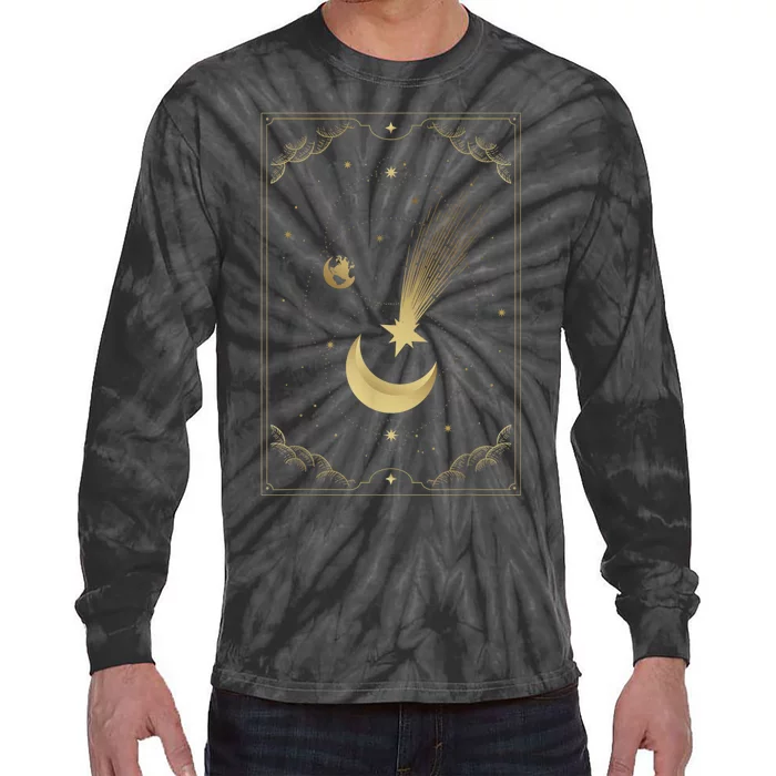 Crescent Moon With Shooting Star Tarot Card Tie-Dye Long Sleeve Shirt