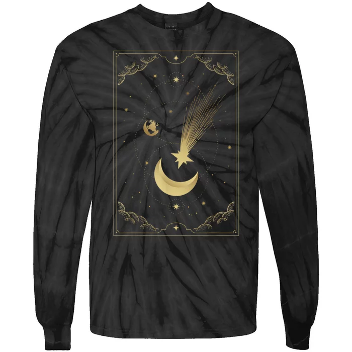 Crescent Moon With Shooting Star Tarot Card Tie-Dye Long Sleeve Shirt