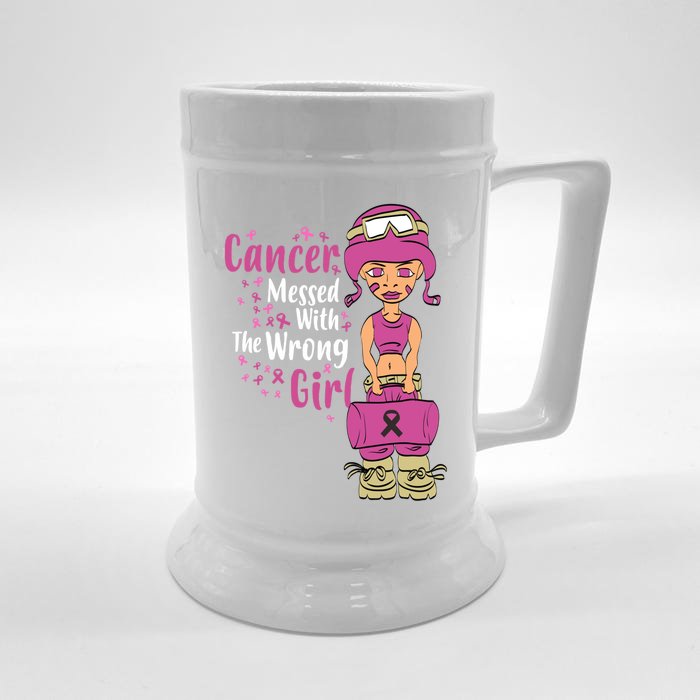 Cancer Messed With The Wrong Breast Cancer Gift Front & Back Beer Stein