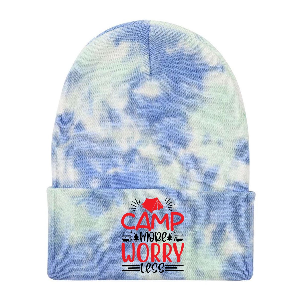 Camp More Worry Less Funny Camping Tie Dye 12in Knit Beanie