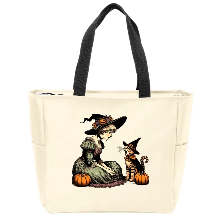 Cat Mom Witch Pumpkin Cat Halloween Women Girl Halloween Zip Tote Bag