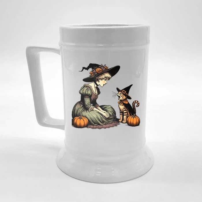 Cat Mom Witch Pumpkin Cat Halloween Women Girl Halloween Front & Back Beer Stein