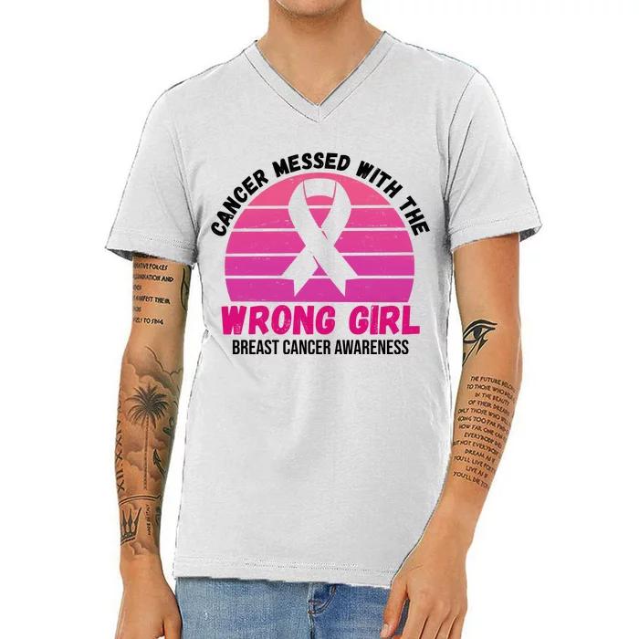 Cancer Messed With The Wrong Girl Breast Cancer Awareness V-Neck T-Shirt