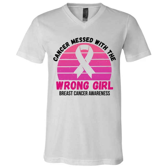 Cancer Messed With The Wrong Girl Breast Cancer Awareness V-Neck T-Shirt