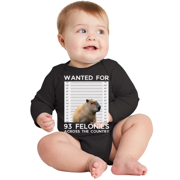 Capybara Mugshot Wanted For 93 Felonies Across The Country Baby Long Sleeve Bodysuit