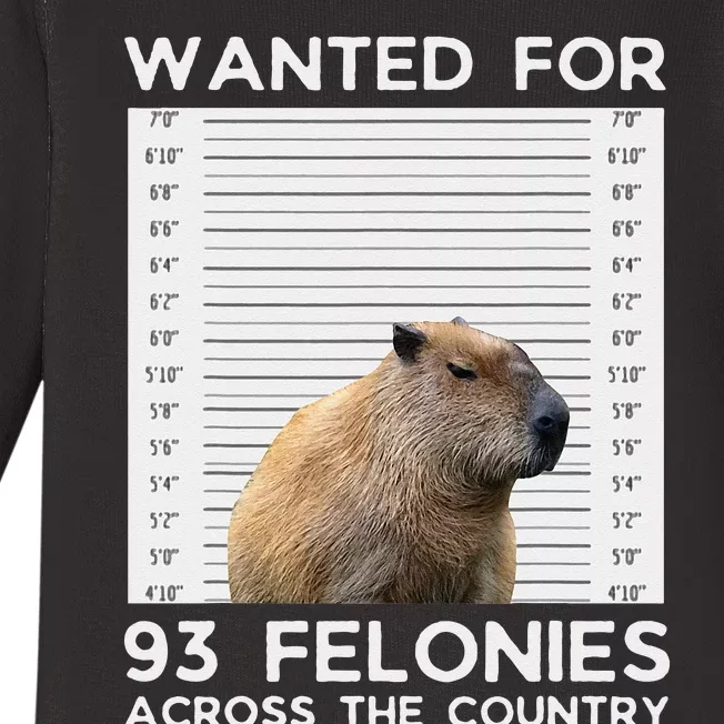 Capybara Mugshot Wanted For 93 Felonies Across The Country Baby Long Sleeve Bodysuit