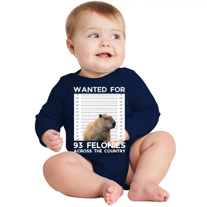 Capybara Mugshot Wanted For 93 Felonies Across The Country Baby Long Sleeve Bodysuit