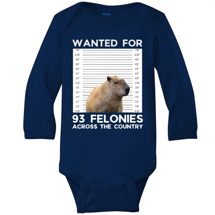 Capybara Mugshot Wanted For 93 Felonies Across The Country Baby Long Sleeve Bodysuit