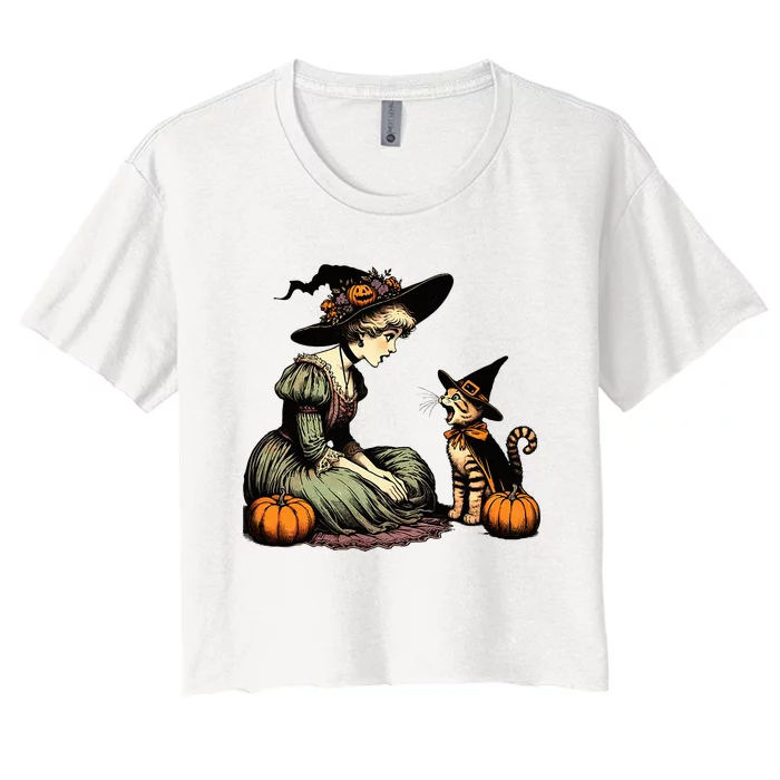 Cat Mom Witch Pumpkin Cat Halloween Women Halloween Women's Crop Top Tee