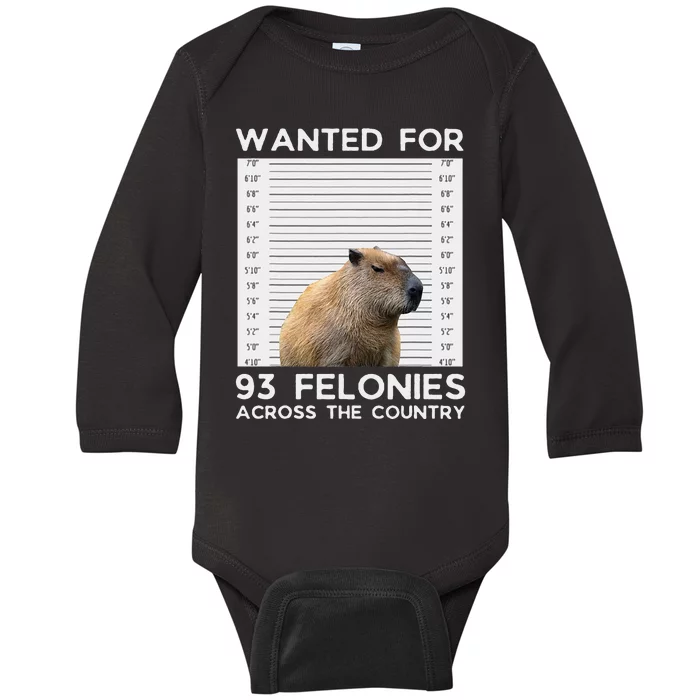 Capybara Mugshot Wanted For 93 Felonies Across The Country Baby Long Sleeve Bodysuit