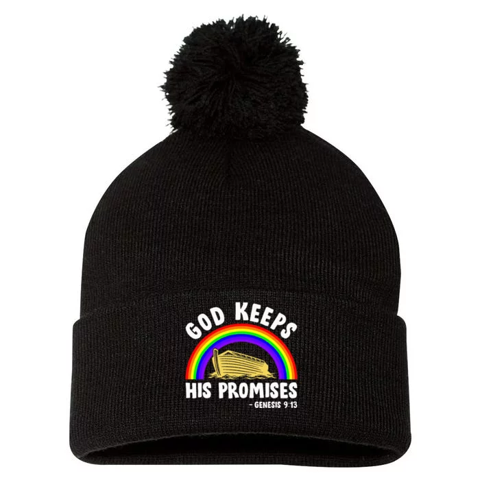 Christian Noah Ark Jesus God Keeps His Promises Rainbow Pom Pom 12in Knit Beanie