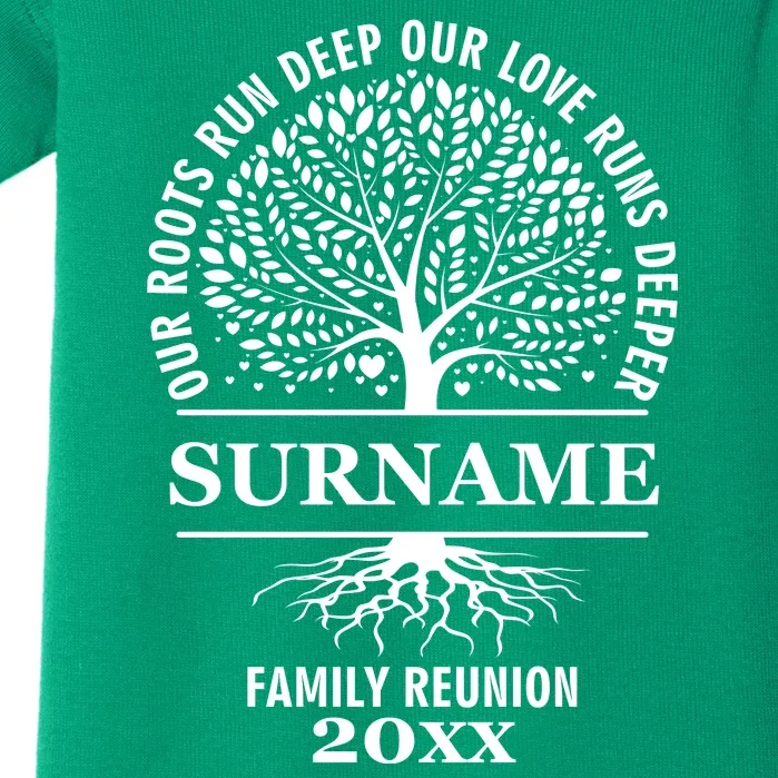 Custom Name And Year Family Reunion Our Roots Run Deep Our Love Runs Deeper Baby Bodysuit