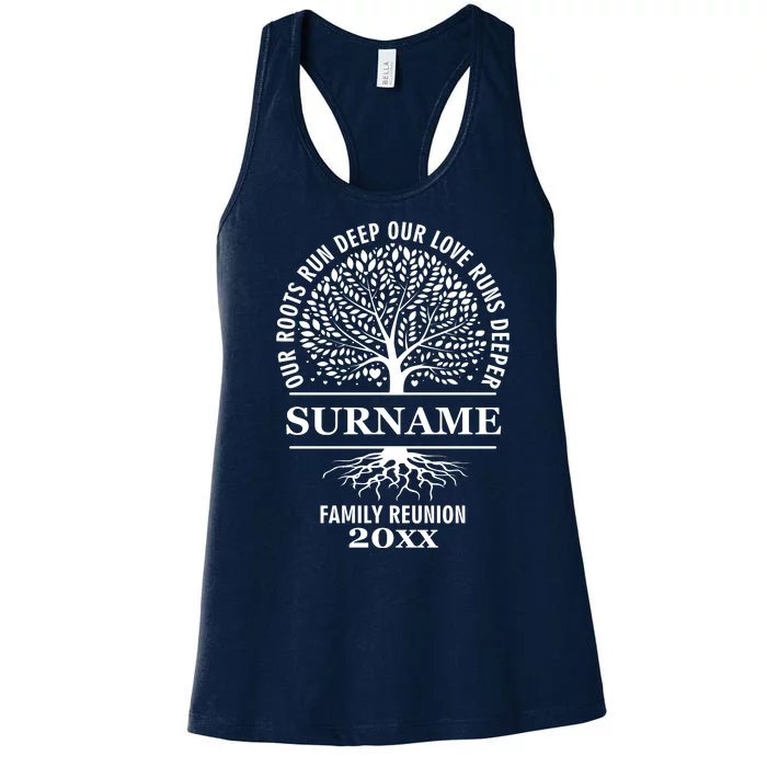 Custom Name And Year Family Reunion Our Roots Run Deep Our Love Runs Deeper Women's Racerback Tank