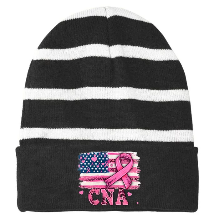 Cna Nurse American Flag P.I.N.K Ribbon Breast Cancer Awareness Striped Beanie with Solid Band