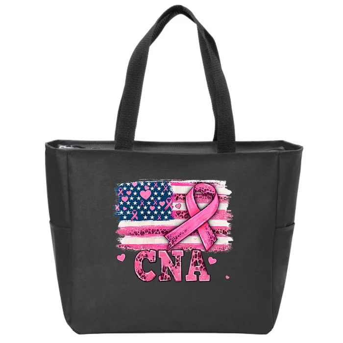 Cna Nurse American Flag P.I.N.K Ribbon Breast Cancer Awareness Zip Tote Bag