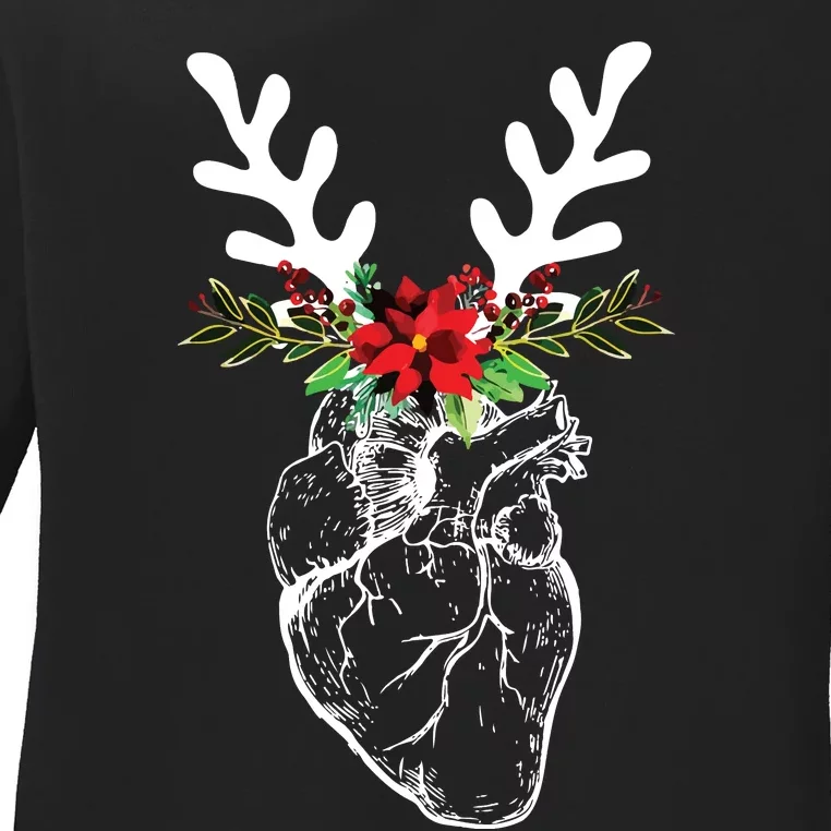 Cardiac Nurse Christmas Heart Anatomy Reindeer Ladies Long Sleeve Shirt